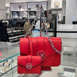 Michael Kors Carmen Medium Flap Chain Shoulder Bag + Wallet Set Bright Red